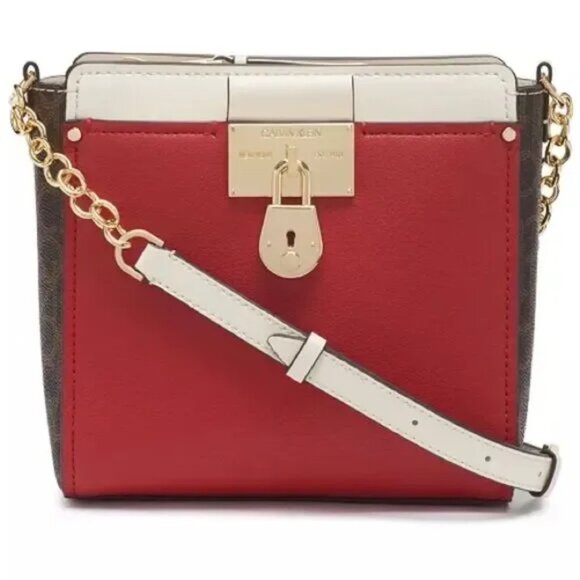 CALVIN KLEIN Camille Crossbody Purse Red Cream Brown With Gold Hardware Strap . - Picture 1 of 16